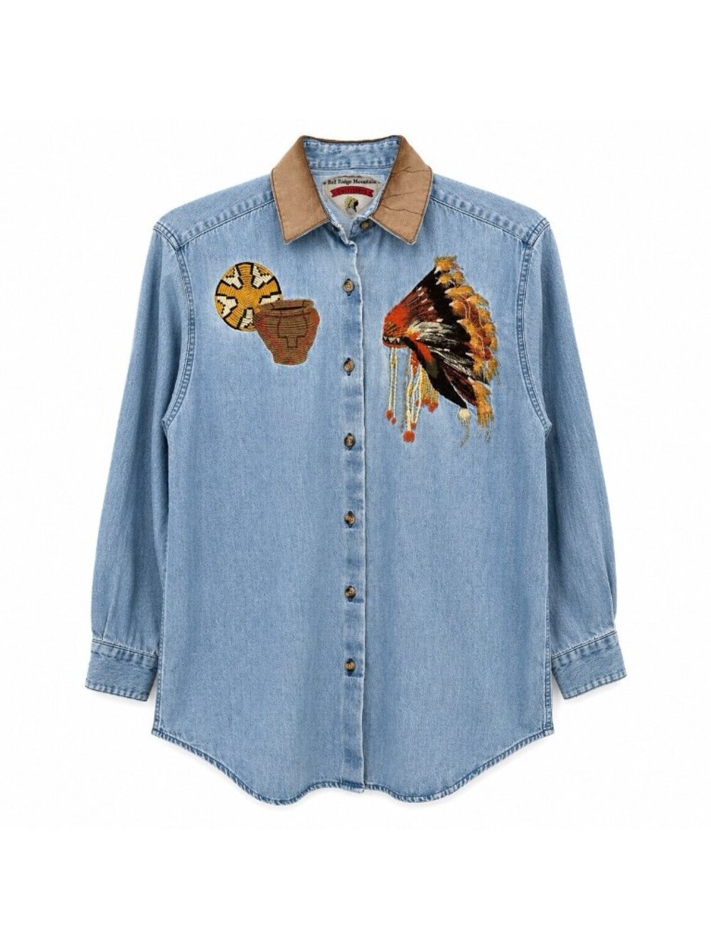 vintage womens denim shirt embroidered SMALL western southwestern suede collar